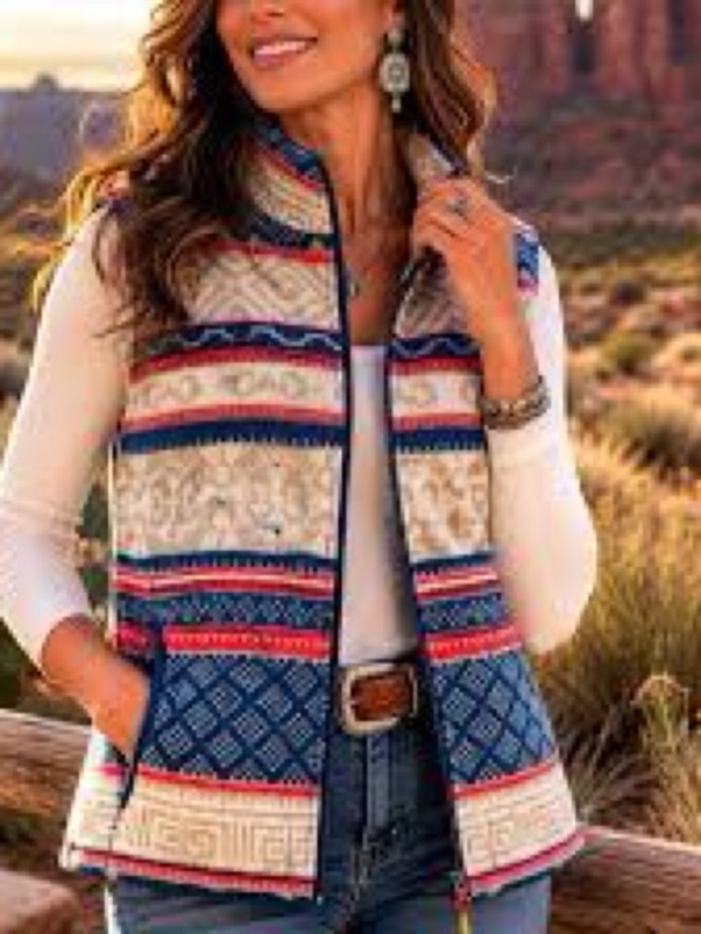Woolrich Andes Patterned Vest in Blue, Red & Cream-M